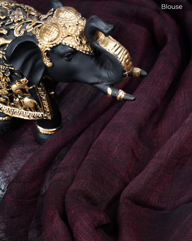 Linen cotton saree with gold and silver butties and contrast Broder - Wine