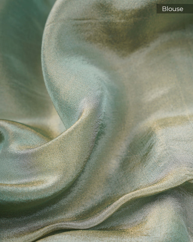 Tissue Banarasi Silk Saree With Meenakari Butties & Gold Zari Border - Sea Green