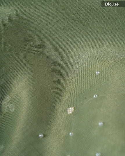 Tissue Lenin Saree and Scallop Border and Pearl Work- Sea Green