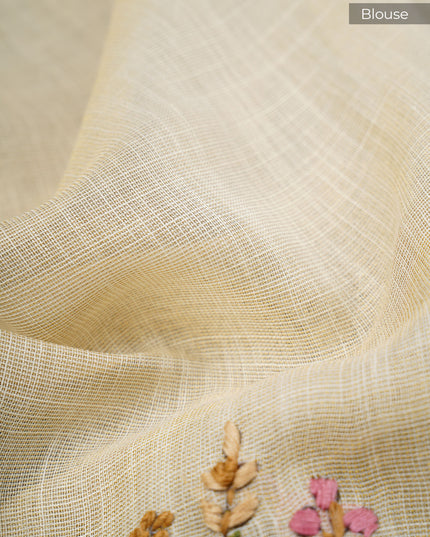 Tissue Lenin Saree with Floral Print and Kantha with Knot Work- Cream