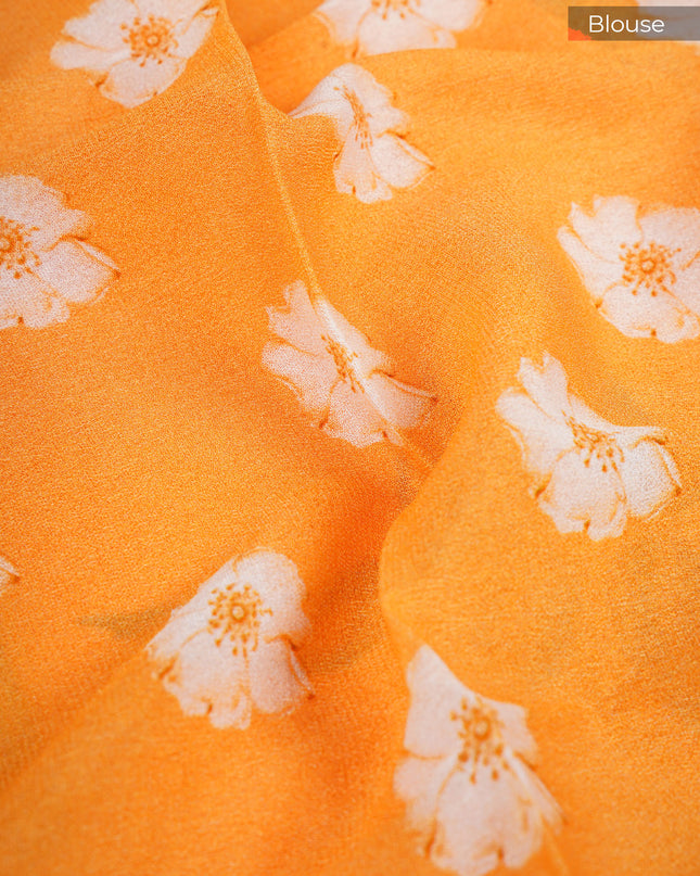 Binny Crepe Saree Floral Print With ikkat Border - Orange
