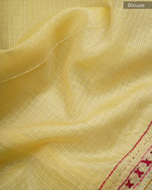 Kota saree with kantha work zari border - Yellow