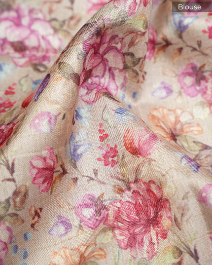 Tusser Silk Saree with Floral Print and Subtle Vertical Stripes and Small Delicate Motifs- Yellow