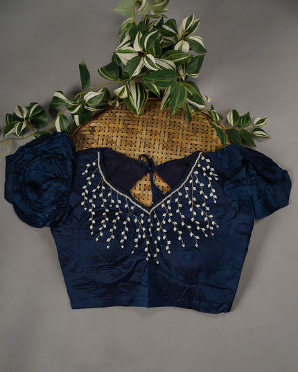 Russian Crape Allover Floral Print Scallop Border With Pearl Work - Navy Blue