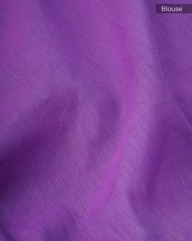 Handloom Cotton Thread Embroidery Butties And Gold Border - Violet