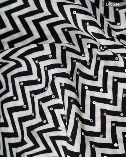 Crepe Saree With Floral Print Scallop Border Kardana Zardosi Sequence Work - Black