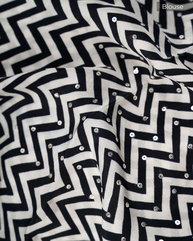 Crepe Saree With Floral Print Scallop Border Kardana Zardosi Sequence Work - Black