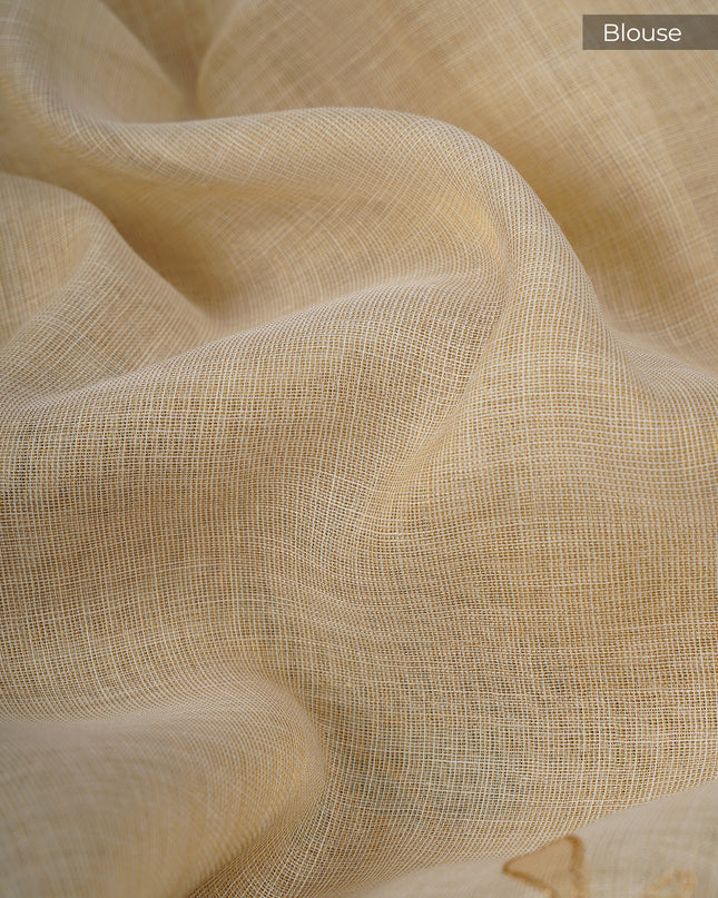 Tissue Linen Saree With Floral Print And Ari Work - Beige & Sky Blue