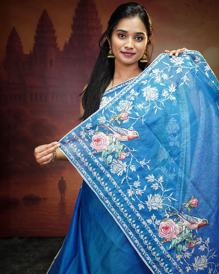 Silk Kota Saree With Applique And Thread Work With Lace Border - Peacock Blue