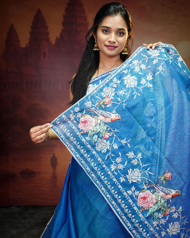 Silk Kota Saree With Applique And Thread Work With Lace Border - Peacock Blue