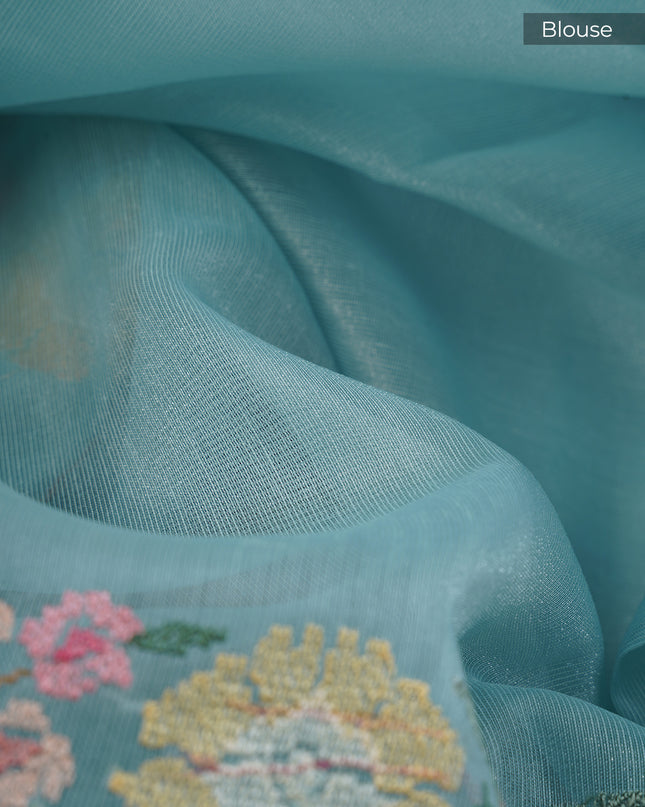 Tissue Linen Saree With Thread Embroidery with Lace Border - Light Blue