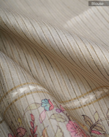 Tusser Silk Saree with Floral Print Border- Sage Green