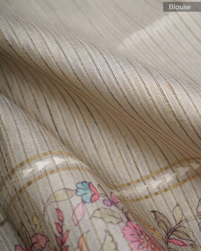 Tusser Silk Saree with Floral Print Border- Sage Green