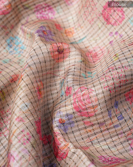 Tusser Silk Saree Floral Print Contrast Border- Blue