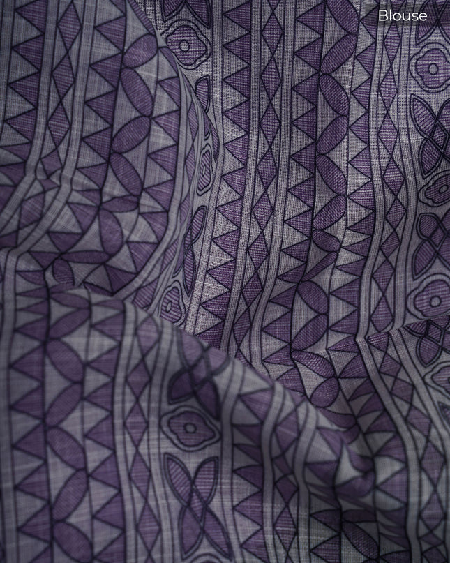 Lenin Silk Saree with Madhubani Print with Contrast Border- Violet