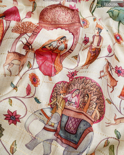 Tusser Silk Saree with Digital Print and Contrast Border- Blue