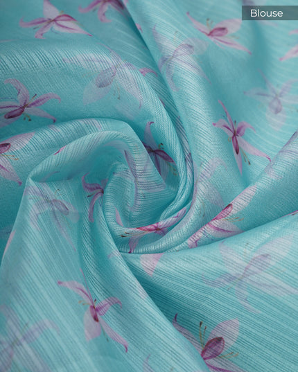 Silk Kota Floral Print with Banaras Border- Sky Blue