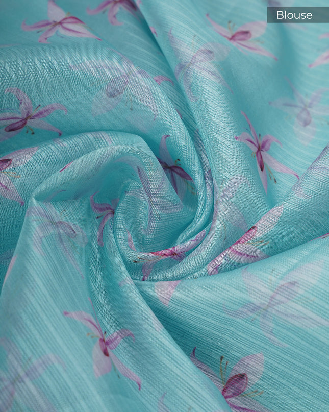 Silk Kota Floral Print with Banaras Border- Sky Blue