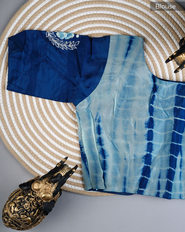 Russian Silk saree with Kardhana and applique Work with Scallop Border - Blue