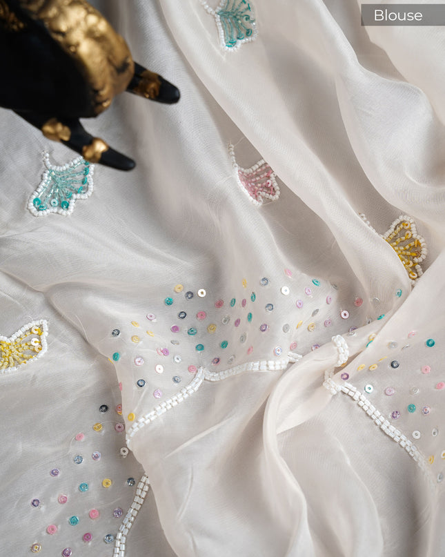 Tissue crape saree with Kardhana and Pearl Work butties and scallop border - Half White