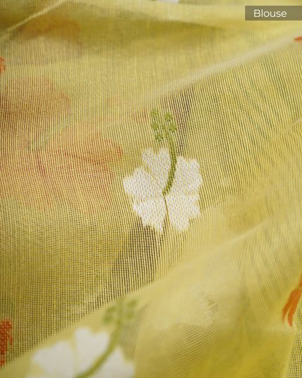 Lotus Cotton Saree With Floral Weaving Design - Yellow