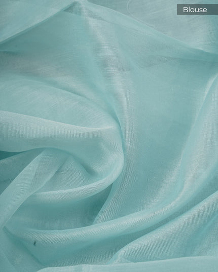 Tissue Linen Saree With Scallop Border With Pearl Work - Mint Blue