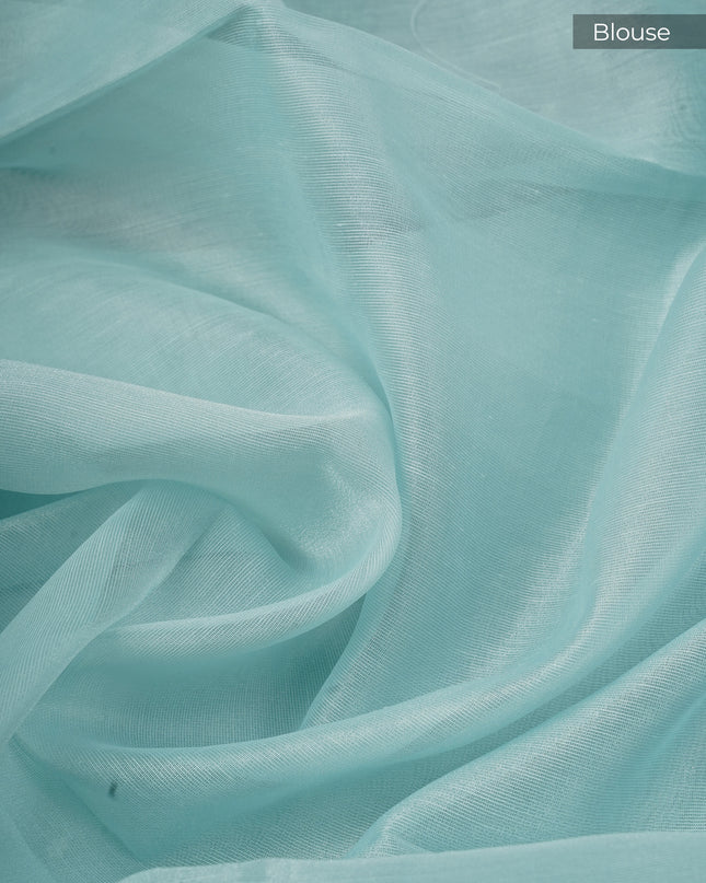 Tissue Linen Saree With Scallop Border With Pearl Work - Mint Blue