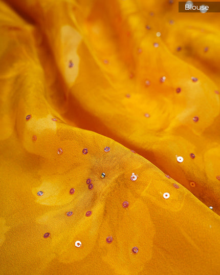 Crepe Saree With Floral Print Scallop Border Kardana Sequence Work - L Yellow