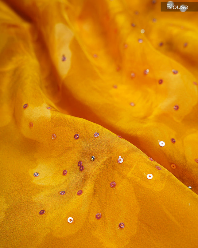 Crepe Saree With Floral Print Scallop Border Kardana Sequence Work - L Yellow