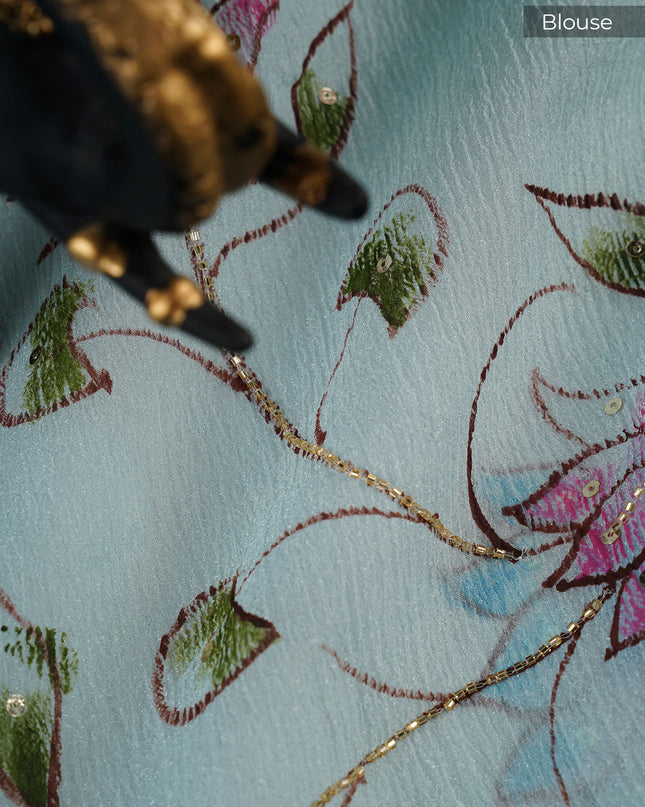 Crush tissue saree with hand painting butties and scallop border Kardana & Sequence Work - Sea Green