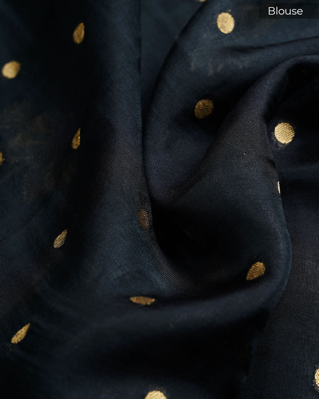 Kora Organza Silk Saree With Golden Silver Butties Satin Border - Black