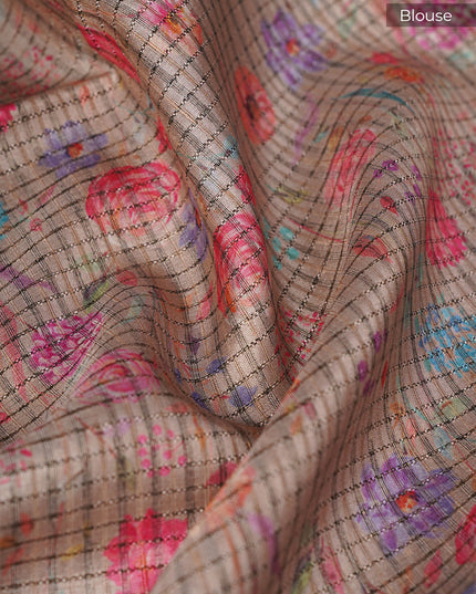 Tusser Silk Saree Floral Print with Contrast Border- Beige Peach