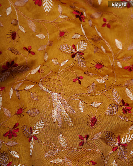 Linen saree with thread work motifs and scallop border - Mustered Yellow