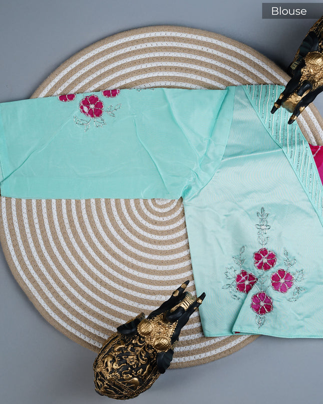 Russian Silk saree with Kardhana and applique Work with Scallop Border - Sea Green