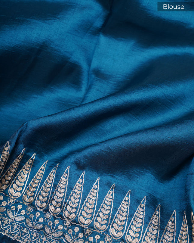 Dupion saree with  pitta  work butties and border - Peacock Blue