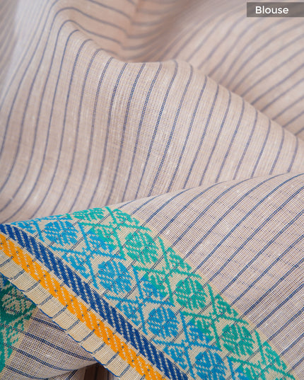 Mul cotton saree with allover stripes and contrast border - Light grey