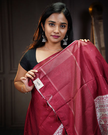 Tussar silk saree with madhubani print zari border - Maroon