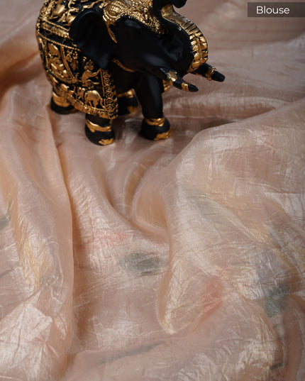 Russian Silk Saree Hand Painting Design With Kardana & Sequence Work Scallop Border With Pearl Work - Beige