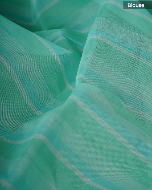 Cotton Handloom Saree with striped border  - Aqua Green