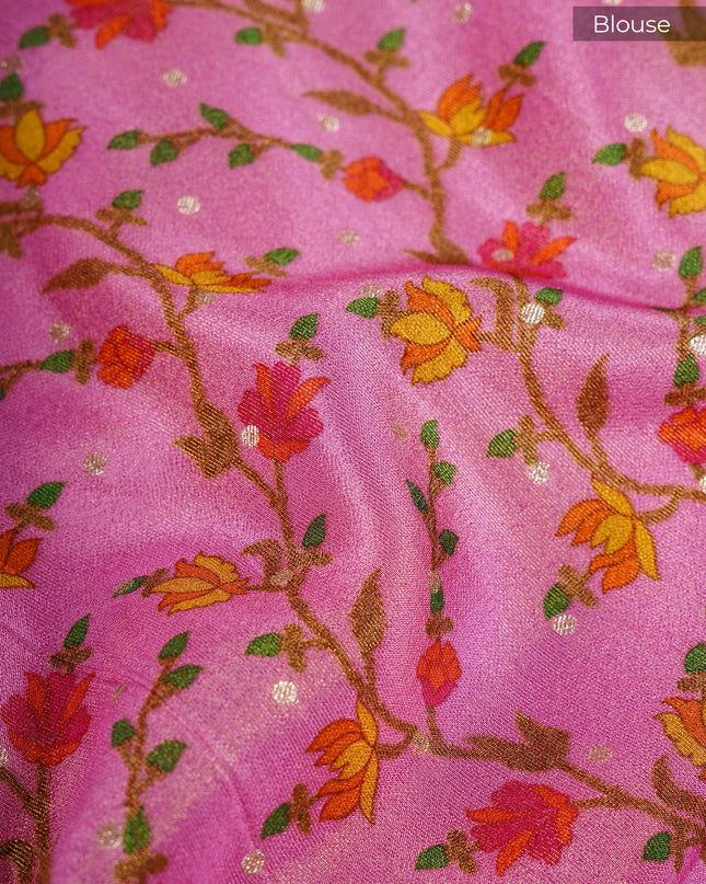 Tissue Crepe Saree with Golden Butties and Lace Border- Baby Pink