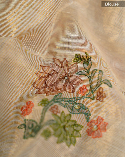 Soft Organza Saree with Gold and Silver lines and Embroidery Thread Work- Pista Green