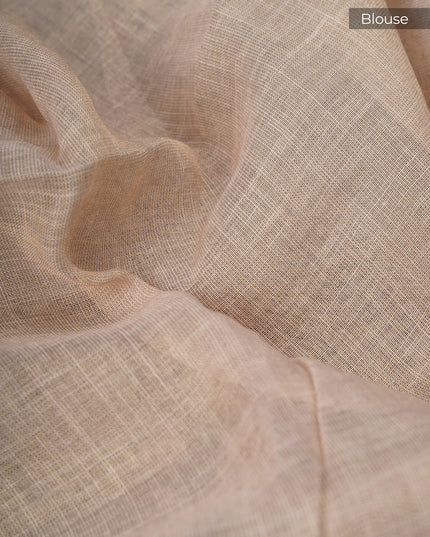 Tissue Linen Saree With Floral Print And Kantha Work And Golden Zari Border - Beige