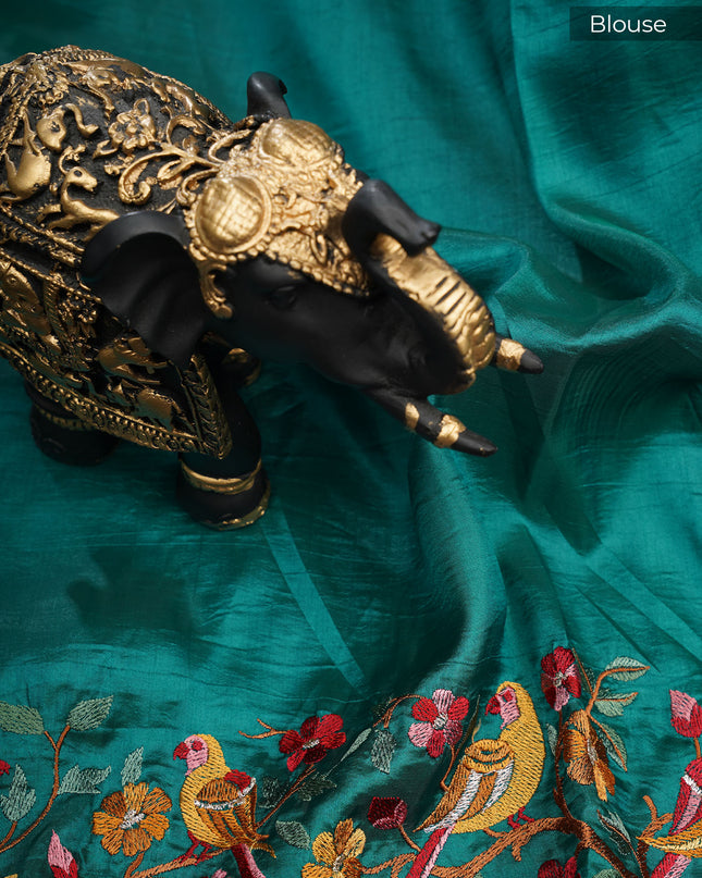Dupion saree with  golden butties and thread work and border - Bottle Green