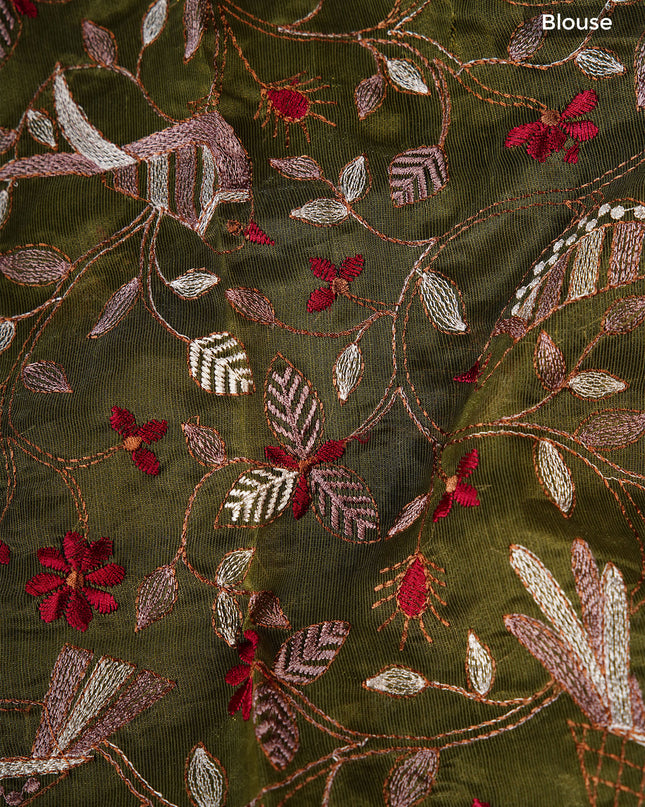 Linen saree with thread work motifs and scallop border - Olive Green