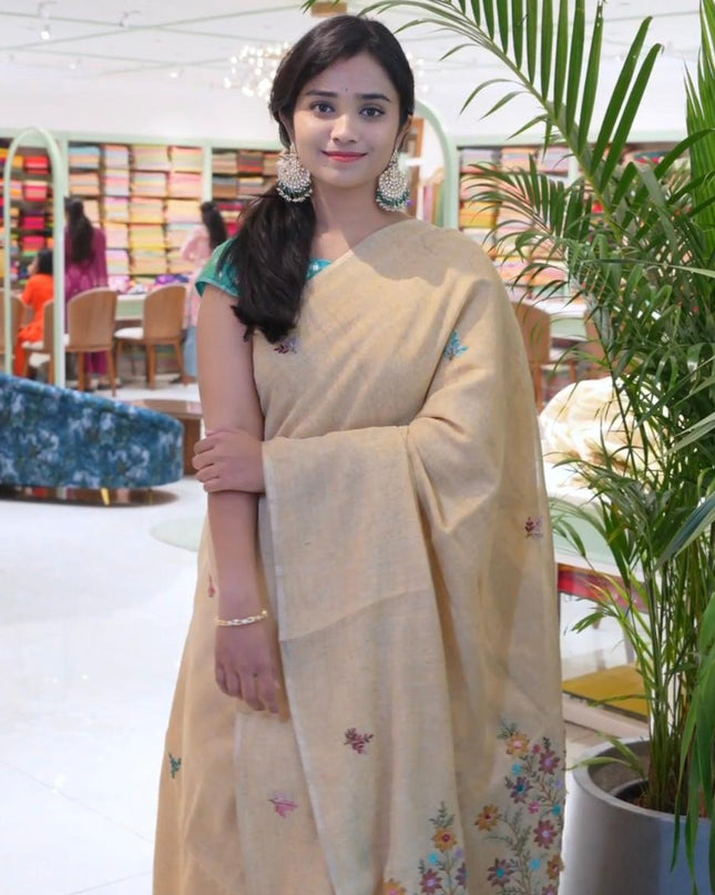 Tissue Lenin Saree with Floral Print Work with Knot Work- Beige