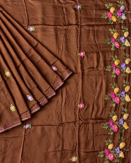 Russian Silk Saree with  Kantha Work - Coffee  Brown
