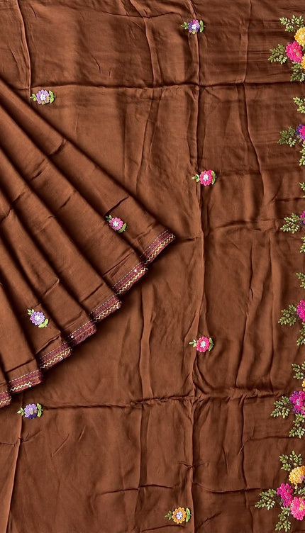 Russian Silk Saree with  Kantha Work - Coffee  Brown