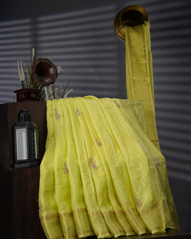 Russian Crepe With Kardhana Sequence Butties And Banaras Border - Green