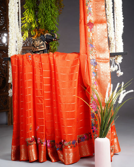 Wrinkle Crepe Saree with Thread Embroidery Work and Border- Orange