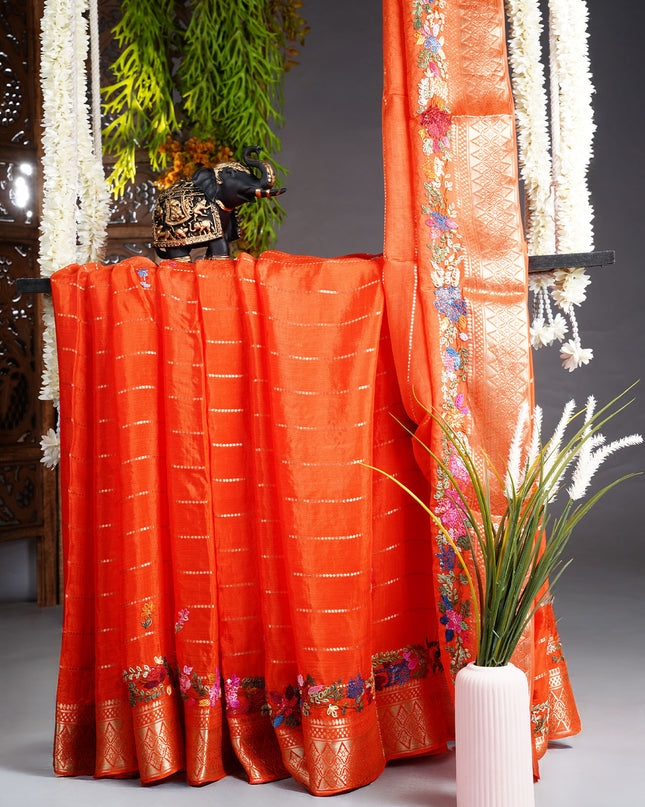 Wrinkle Crepe Saree with Thread Embroidery Work and Border- Orange